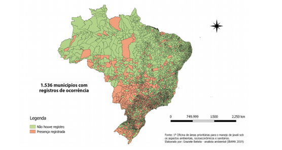 Mapa do Brasil destacando 15 Estados com registros de javalis