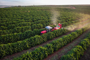 trator em uma plantação de café, com vista geral aérea