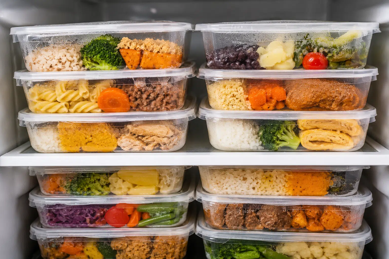 Geladeira moderna aberta com várias marmitas congeladas em potes plásticos transparentes e descartáveis, organizadas em prateleiras. As refeições saudáveis exibem arroz, legumes, carnes e vegetais coloridos, prontos para consumo.