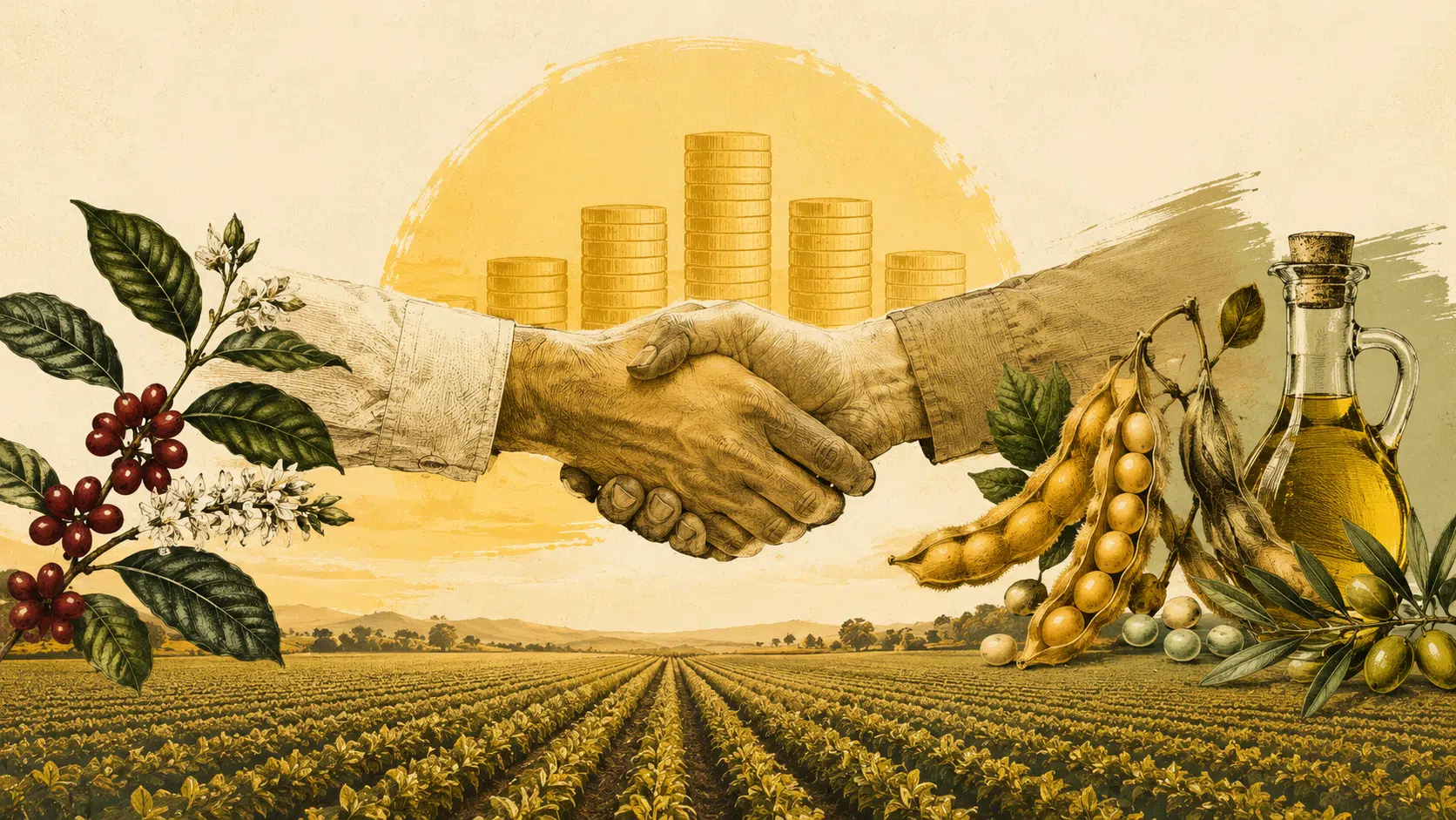 Ilustração em estilo editorial mostra duas mãos apertadas ao centro sobre uma paisagem agrícola, com moedas empilhadas ao fundo e elementos do agronegócio como café, soja e azeite representando a força das cooperativas brasileiras.