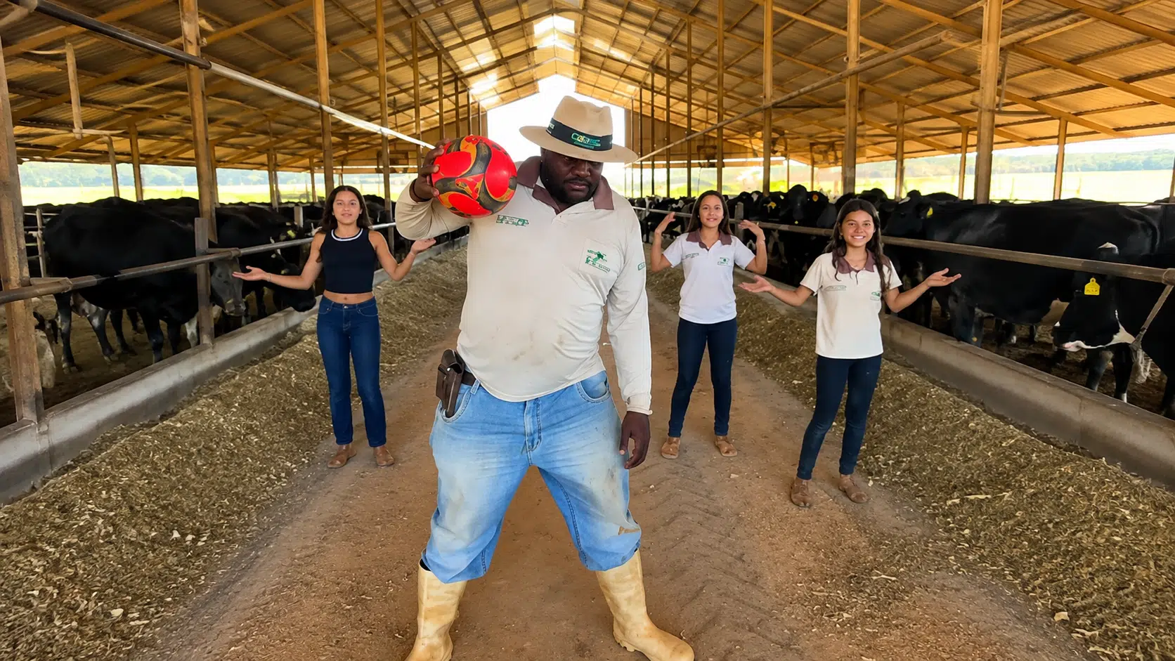 Operador de máquinas posa com uma bola em um galpão de fazenda leiteira, enquanto três jovens o acompanham ao fundo entre vacas confinadas.