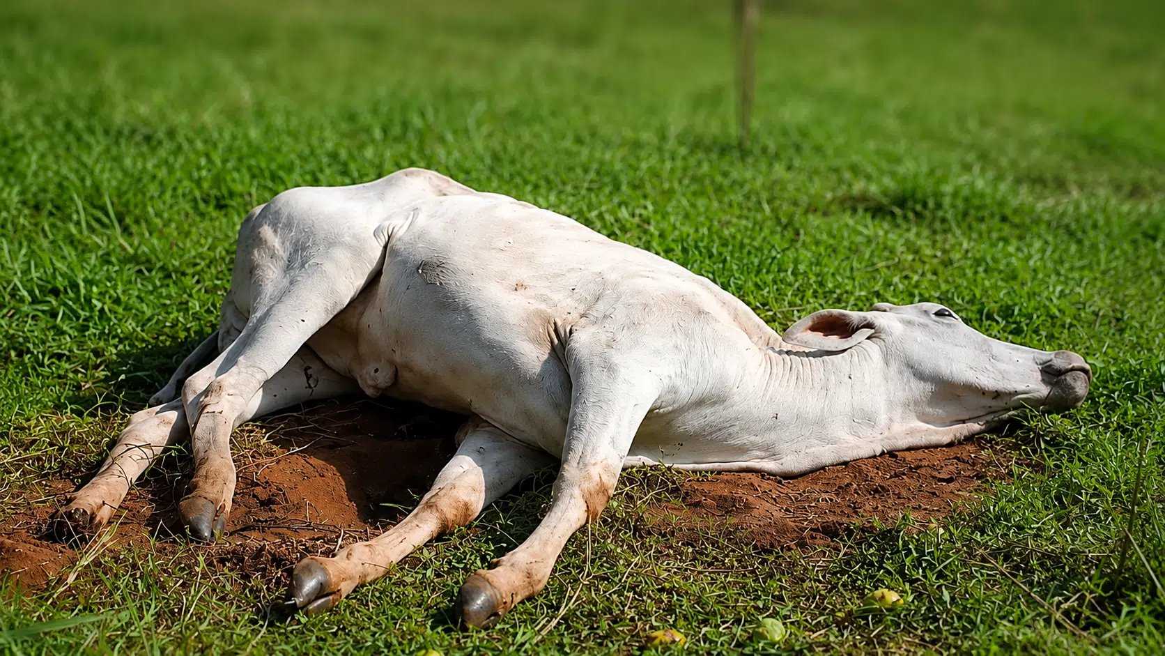 Bovino de pelagem branca deitado sobre uma área de terra em meio a um pasto verde, com o corpo estendido e a cabeça apoiada no chão. O fundo aparece levemente desfocado, destacando o animal em primeiro plano.