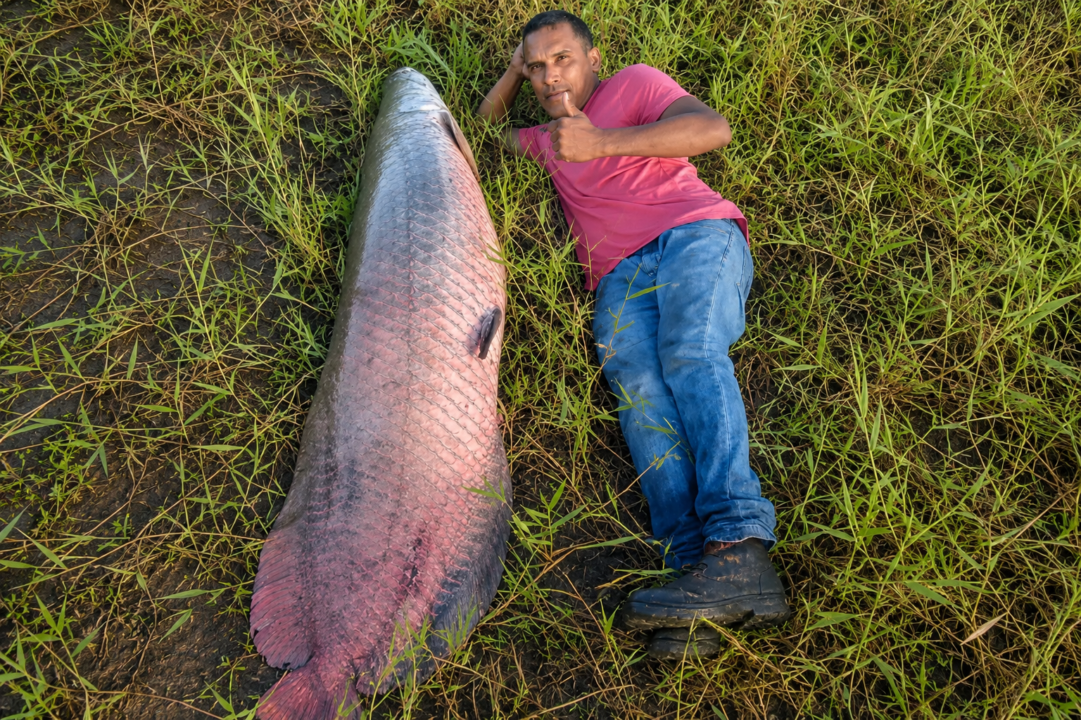 Pescador deitado ao lado de um pirarucu gigante de 77 quilos capturado em um açude de Rio Largo, em Alagoas, destacando o tamanho impressionante do peixe.