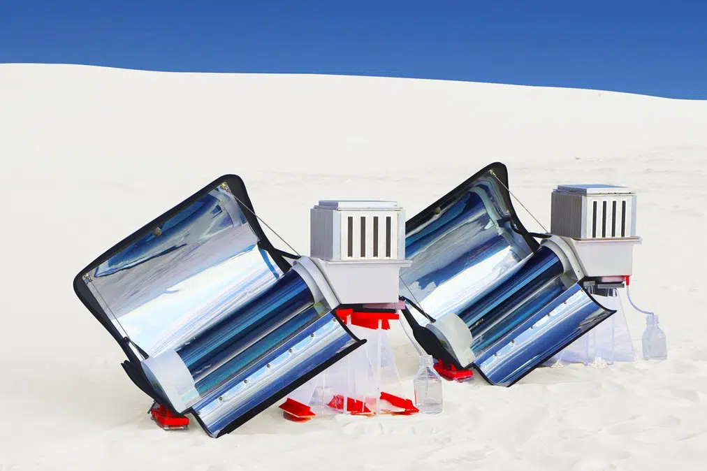 Equipamento movido a energia solar que efetivamente captou água no deserto do Novo México.