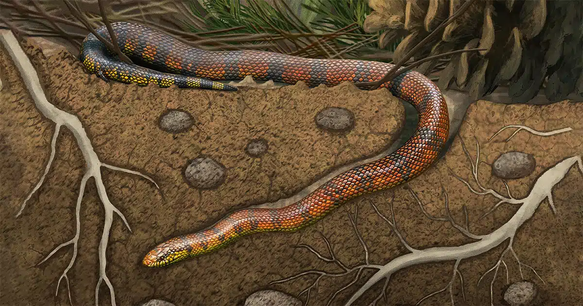Reconstituição da serpente Tametara mirim em vida, tendo ao fundo dinossauros e a ave Navaornis, provenientes da Formação Adamantina, localizada no atual Estado de São Paulo.