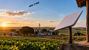 propriedade rural brasileira, com lavoura ao fundo e uma pequena antena de internet via satélite instalada próxima à sede