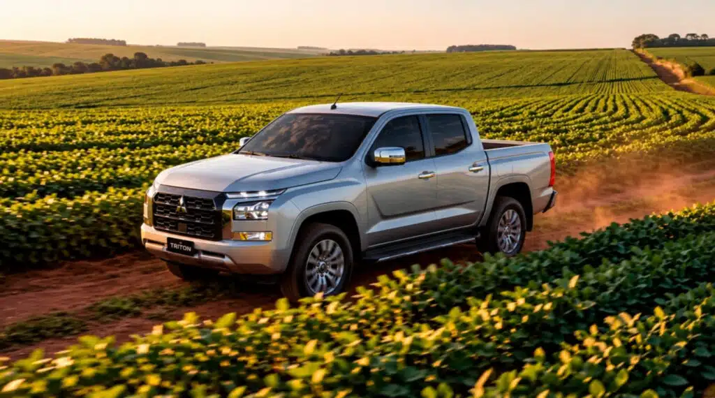 Mitsubishi Triton em ambiente rural meio a plantação de soja