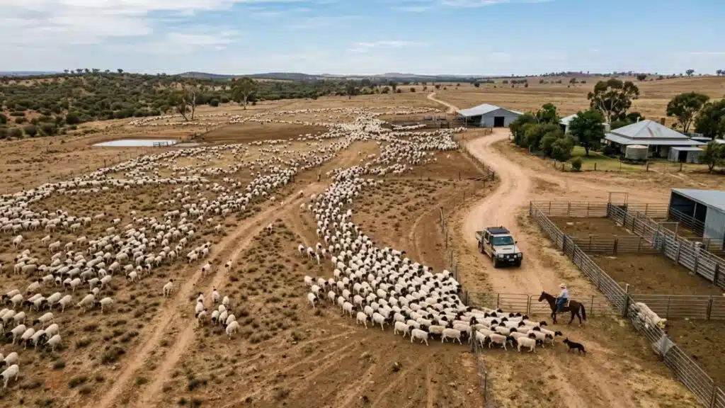 Grande rebanho de ovelhas em propriedade rural na Austrália visto do alto
