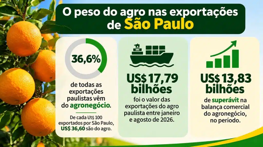 Infográfico mostra que o agro responde por 36,6% das exportações de São Paulo e acumula superávit de US$ 13,83 bilhões em 2026.