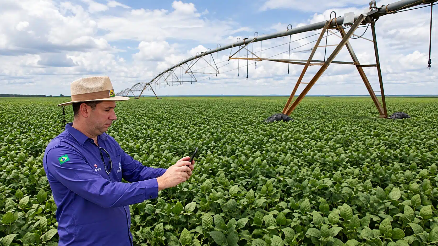 Produtor usa celular em lavoura; conexão via satélite pode ampliar sinal em áreas rurais sem 4G