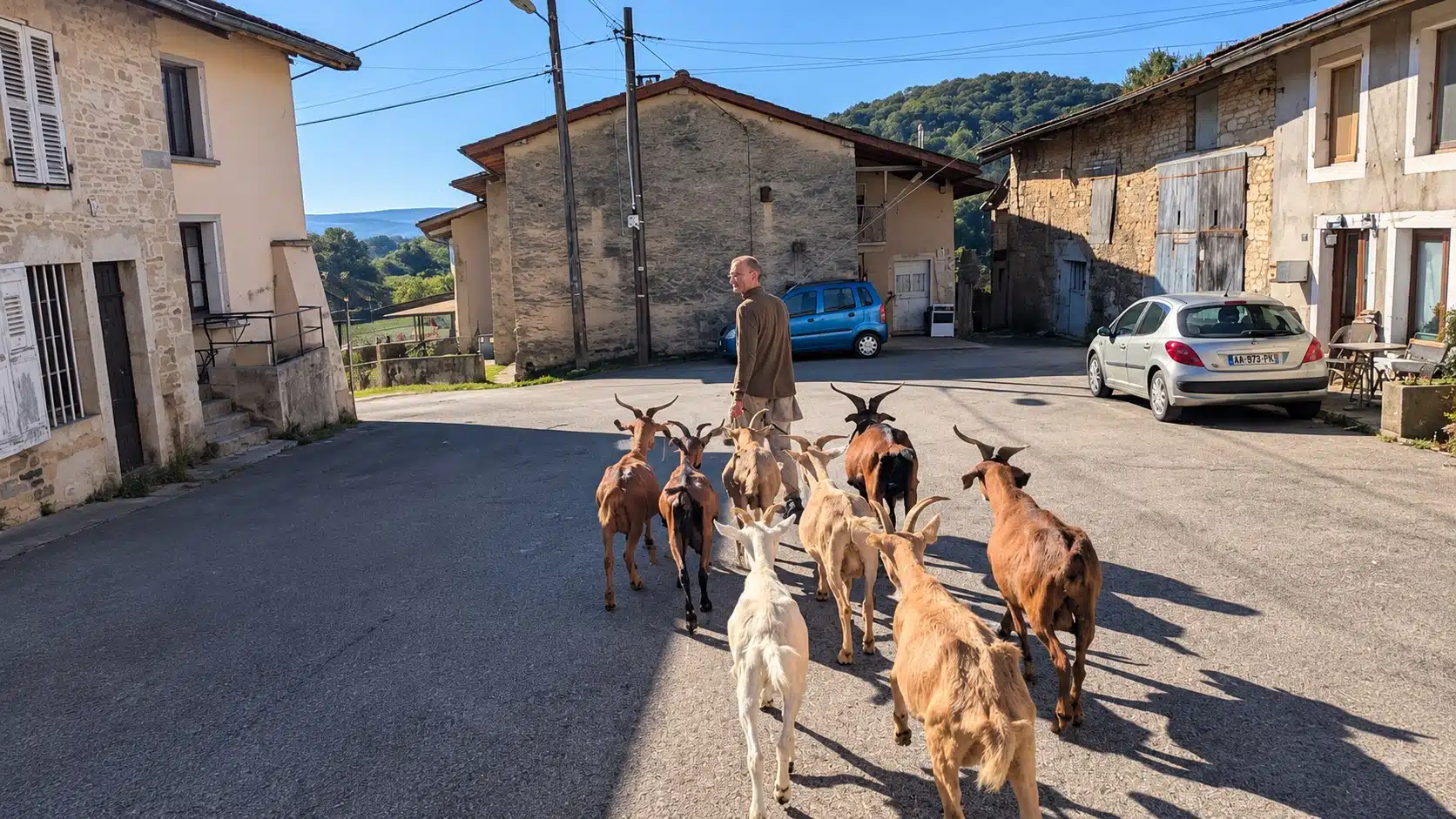 Homem conduz cabras em vila rural do Jura, na França, onde fazenda oferece moradia em troca de 10 horas de trabalho por semana.