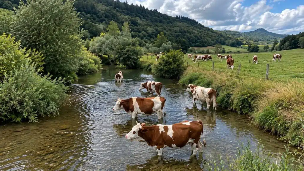 : Vacas atravessam riacho em área rural do Jura, no leste da França, região onde fica a fazenda que oferece moradia a voluntários.