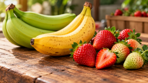 Bananas verdes e maduras ao lado de morangos ilustram diferenças no amadurecimento das frutas após a colheita