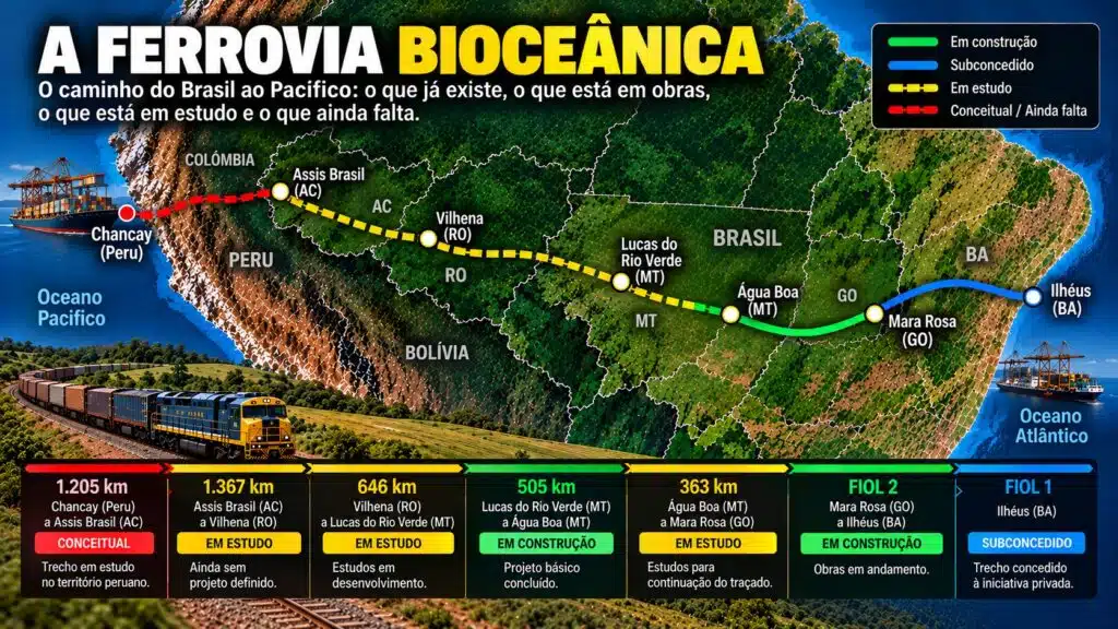 Mapa da Ferrovia Bioceânica mostra o caminho do Brasil ao Pacífico, com trechos em construção, subconcedidos, em estudo e ainda conceituais até Chancay, no Peru.