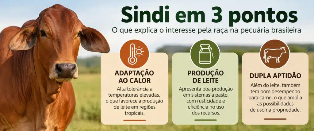 Infográfico mostra três características do gado Sindi: adaptação ao calor, produção de leite e dupla aptidão