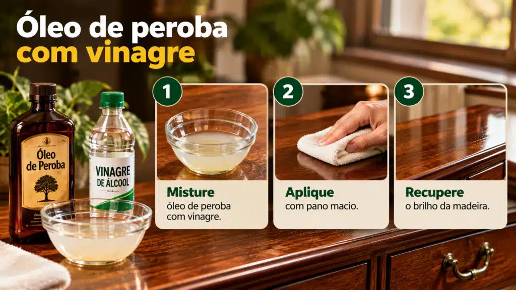 Infográfico mostra em três passos como usar óleo de peroba com vinagre para recuperar o brilho de móveis de madeira.